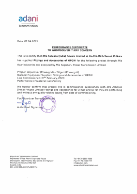 ADANI_Performance Certificate - Asbesco
